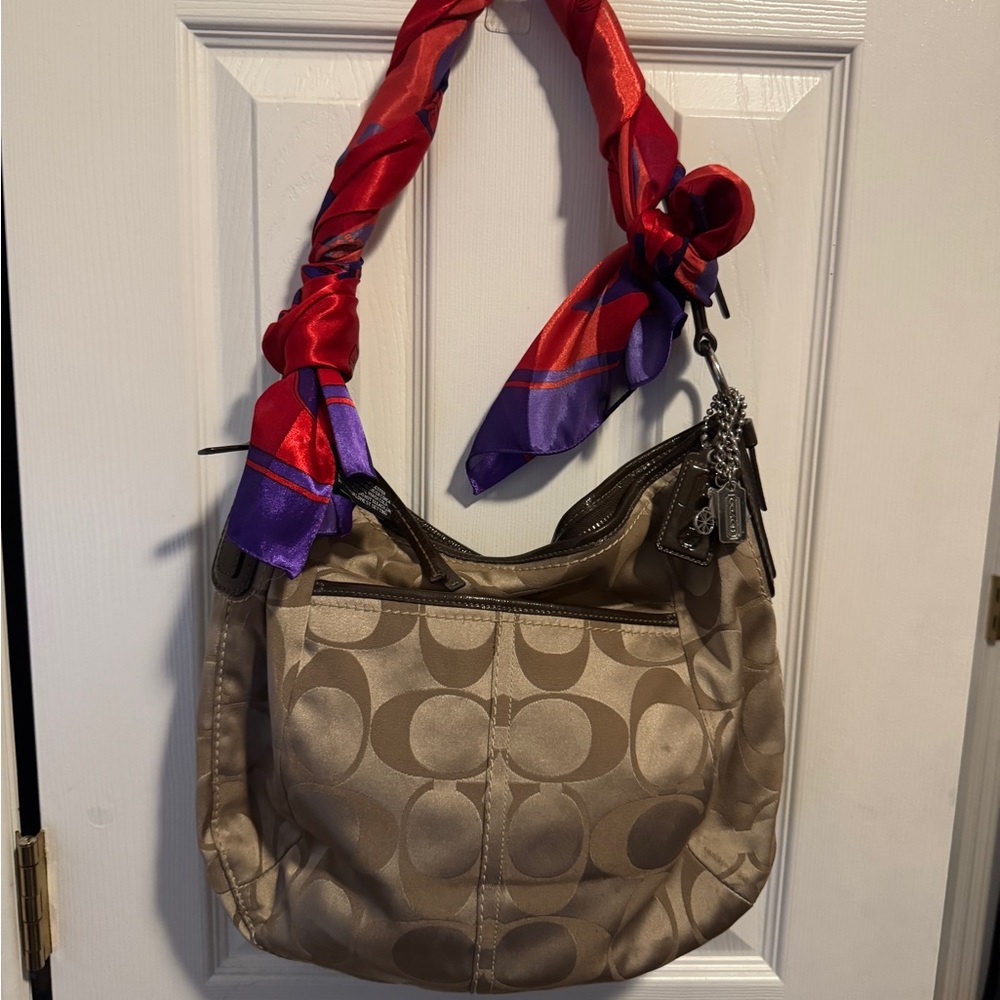 Coach Beige Shoulder Bag with Red and Purple Scarf